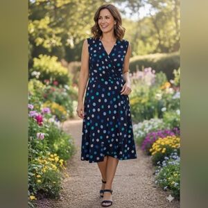 Dressbarn Navy and Teal Polka Dot Midi Dress Size 16 (EUC)
